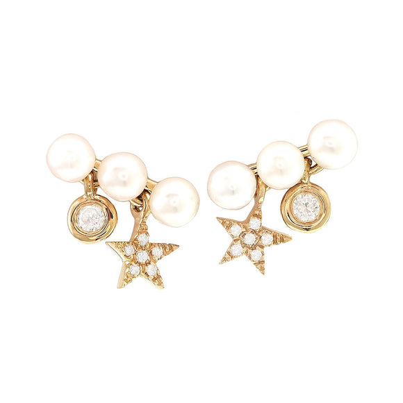 14 KT Triple Pearl Star and Bezel charm dangle earrings