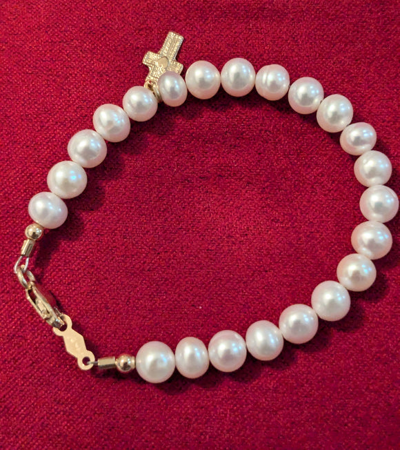 14 KT First Baby Pearl Bracelet with mini cross