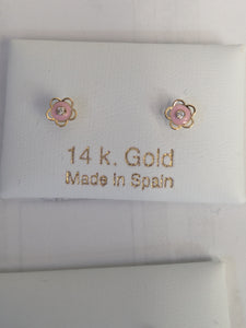 14 KT Open trim flower pink with cz screw back earrings