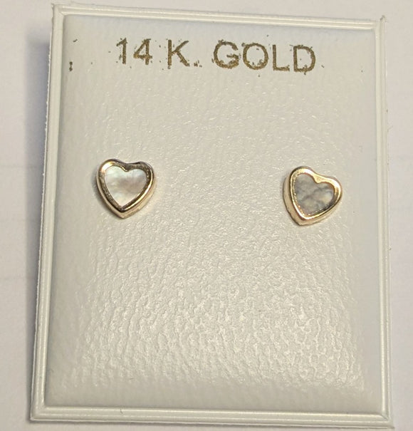 14 KT Children's White Mother of Pearl Hearts screw back earrings